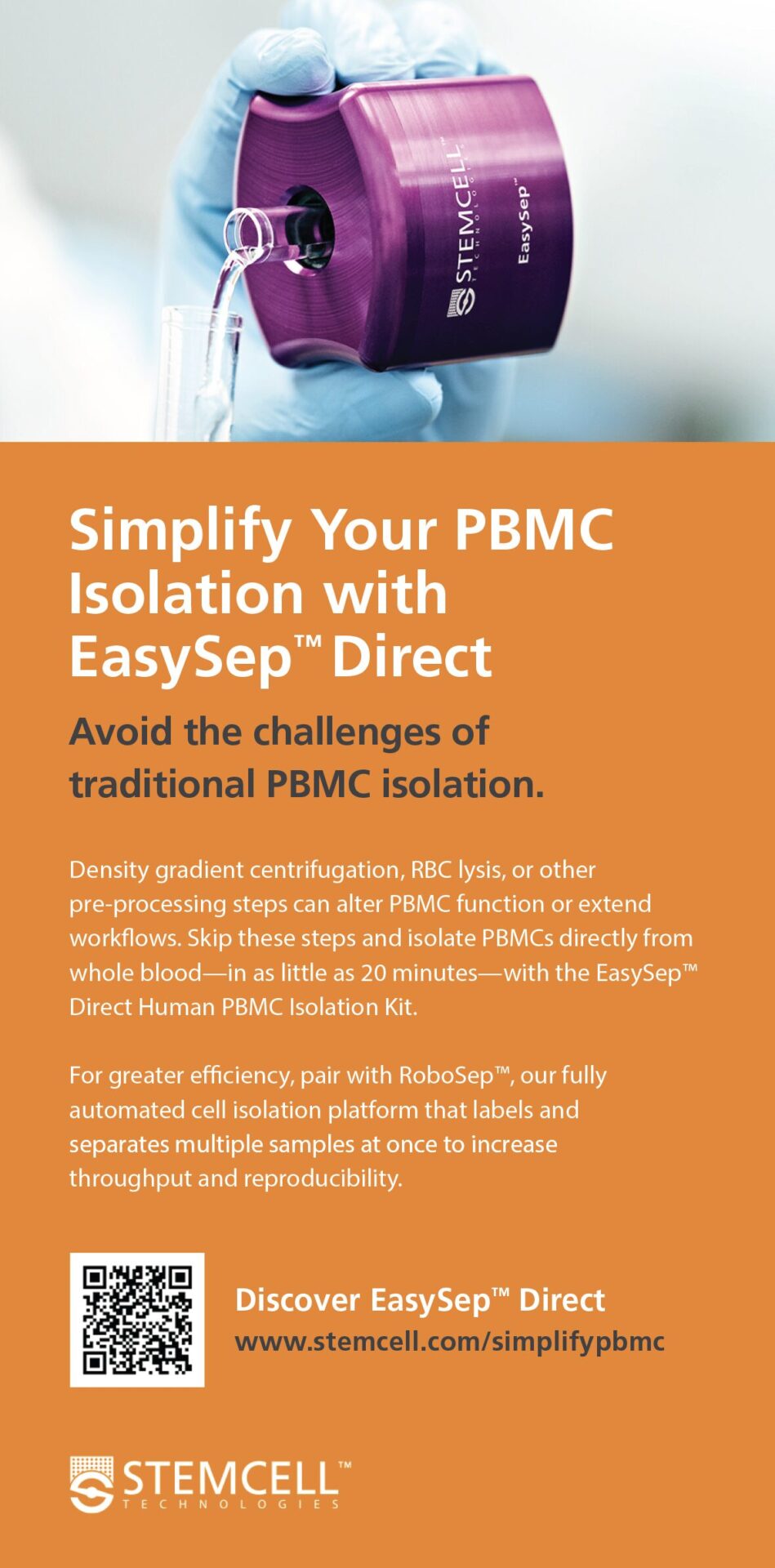Gloved hands holding a purple EasySep™ magnet while pouring liquid from a tube into another laboratory tube.