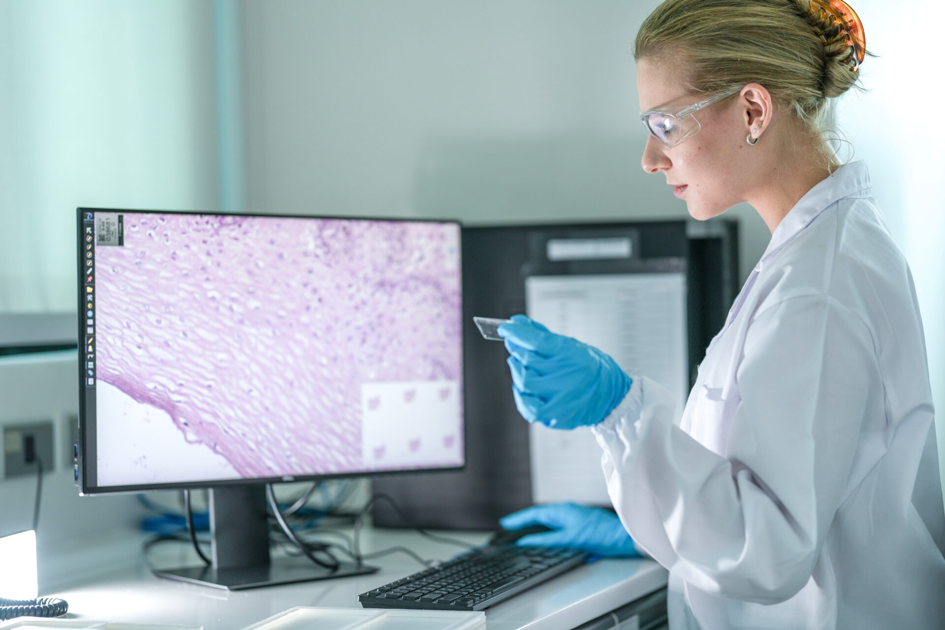 A medical researcher analyzes microscope images of tissue samples on a computer. She is comparing a slide to the digital image for a cancer research project in her lab. AdobeStock 1713838485